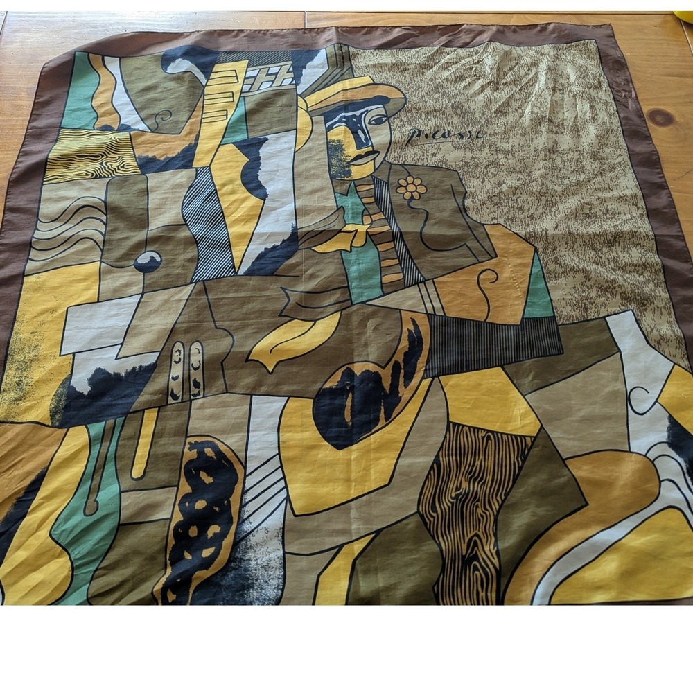 Picasso Vintage Cubist Art Print Square Scarf Brown Yellow Green 34x34